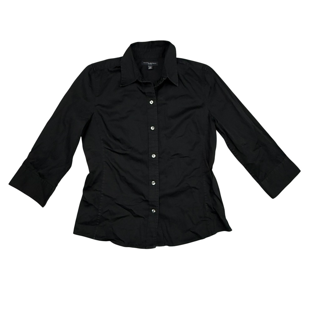 Banana Republic Button Down Shirt Womens Medium Black Fitted Stretch 3/4 Sleeve